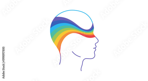 Abstract rainbow wave flowing over human head profile silhouette, symbolizing creativity and ideas
