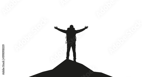 Person standing on mountain peak triumphantly.