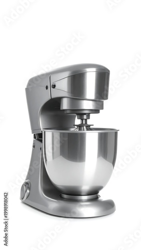 Shiny silver stand mixer against a clean white background. The mixer features a bowl, head, and base. Suitable for blending or whisking ingredients