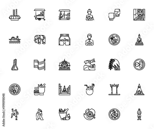 Thailand Element_5328 icon set. Vector illustrations of Loy krathong, Tuk tuk, Elephant, Temple, Muay thai, Thai food and more. Editable stroke.