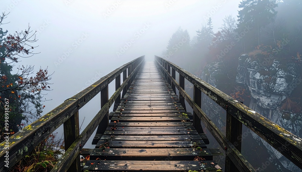 Fototapeta premium Wooden Bridge Disappearing into Foggy Forest Landscape.