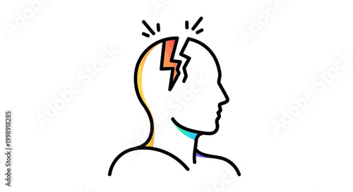 Abstract Head Silhouette with Lightning Bolt Symbolizing Brainstorming, Idea, or Headache