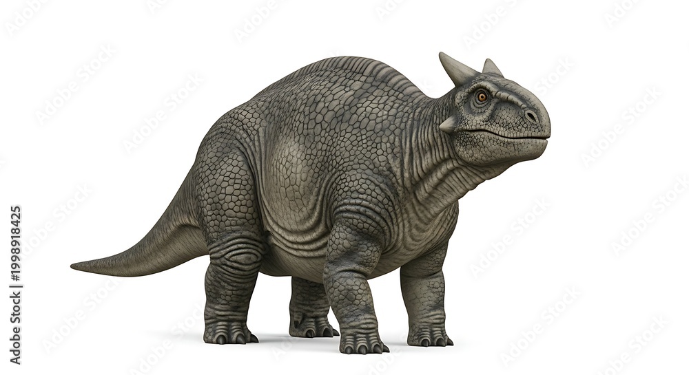 Fototapeta premium A detailed, realistic rendering of a grey, horned dinosaur with textured skin, standing on a white background, showcasing its robust body and features.