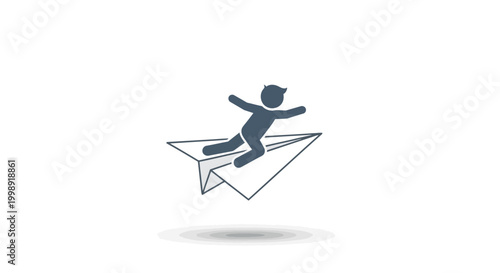 Boy Riding Paper Airplane Flying High.