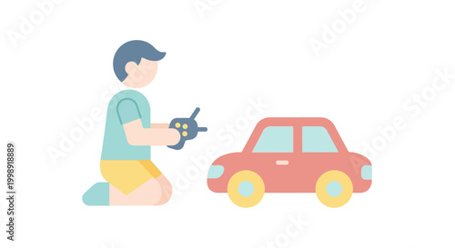 Man repairing a small red car.