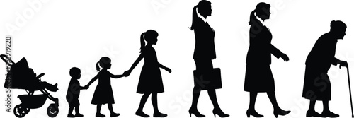 Generational silhouette a woman's life stages in black