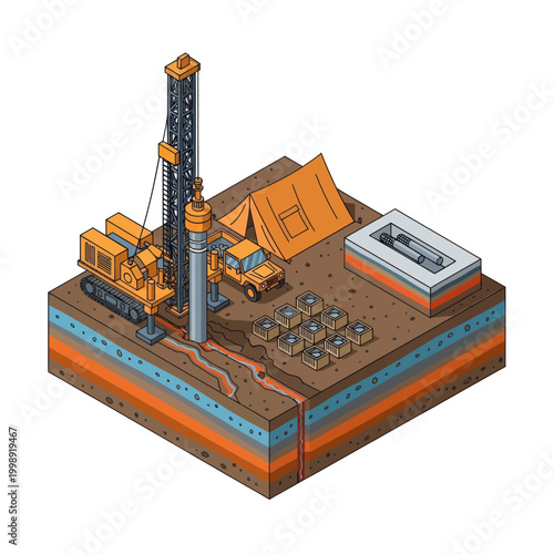 Oil Rig Drilling Equipment on Isometric Platform.