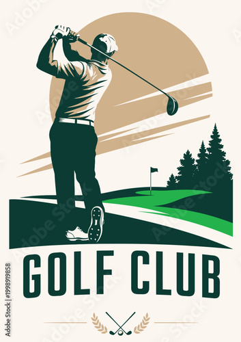 081-23-Golf player striking ball with club on green course with flag against sunset