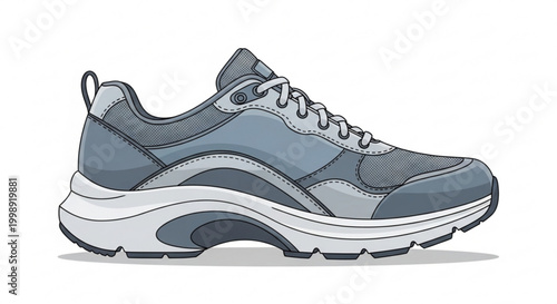 A vector graphic illustration of a gray and white sneaker with a thick sole against a plain white background vector
