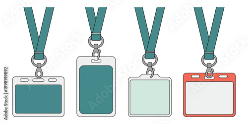 Badge, ID card, name tag, lanyard, vector icons, 4 elements