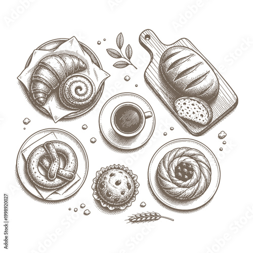 Detailed top view vector illustration of coffee and assorted pastries including pretzel croissant and bread on a wooden board in vintage style