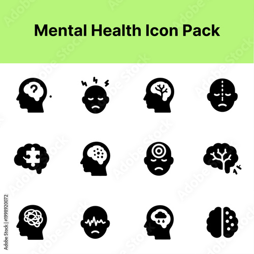 Mental Health Icon Pack Containing brain stress anxiety depression therapy psychology mental disorder and wellness icons Solid icon collection