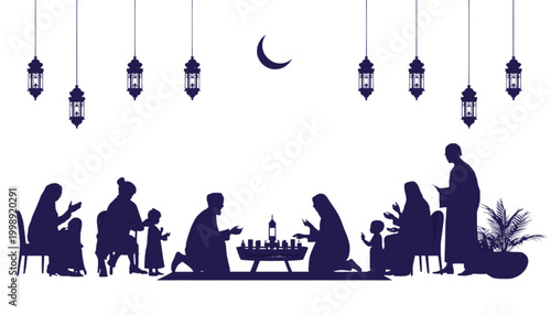 Family gathers together for a celebratory meal during the holy month of Ramadan under hanging lanterns and a crescent moon to highlight traditional cultural values and religious festivities.