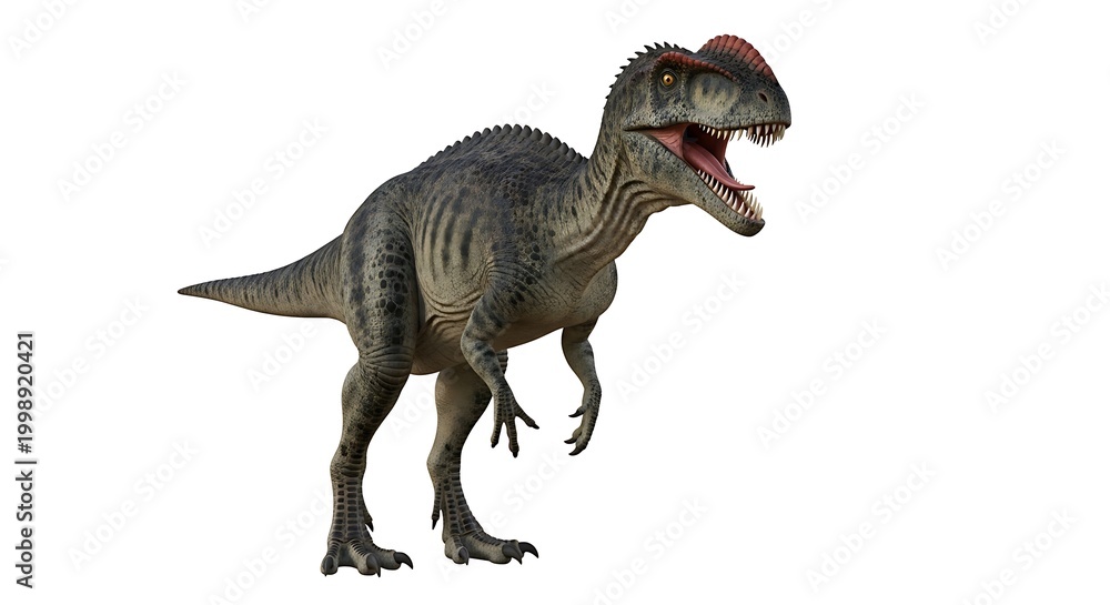 Fototapeta premium A realistic depiction of a large, grey-green predatory dinosaur with an open mouth and a distinctive head crest, standing on a white background.
