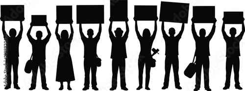 Protest silhouette raised hands holding signs in unity