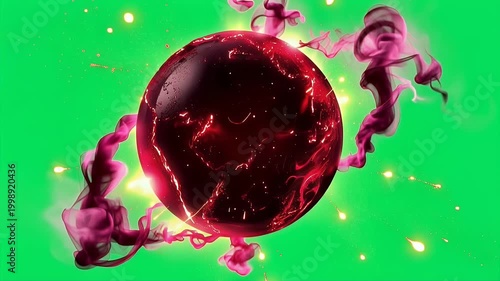 Red glowing energy sphere with smoke and spark texture. Abstract power orb with dynamic light particles.