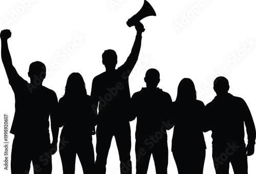 Protest silhouette raised fists and megaphone for change