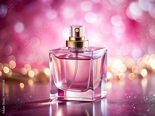 Glass perfume bottle with pink liquid and gold accents