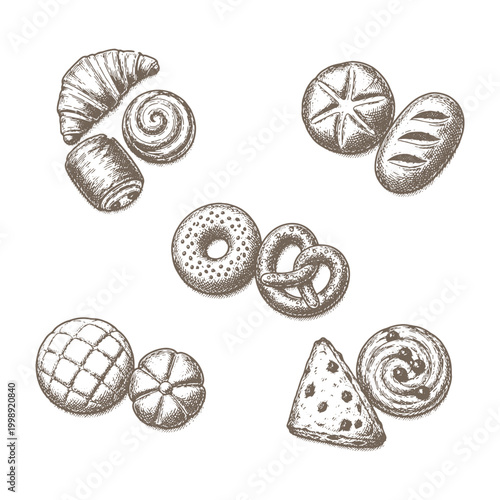 Collection of assorted pastries bread rolls and pretzels in a hand drawn vintage engraving style vector illustration for bakery menu