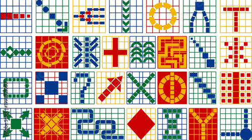 Collection of Abstract Geometric Icons and Symbols on Grid Background