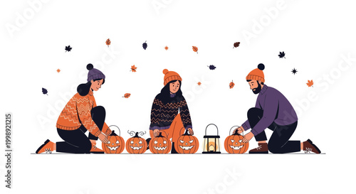 Family carving pumpkins for Halloween, autumn leaves falling, festive seasonal activity