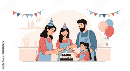 Family celebrating birthday with cake and balloons, wearing party hats and aprons