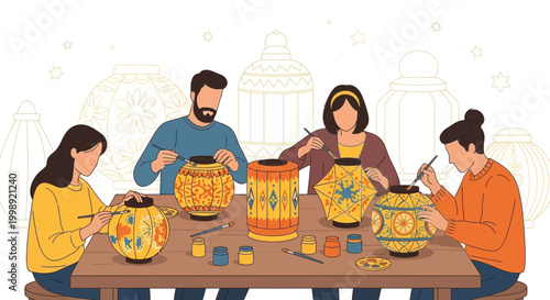 Family crafting colorful lanterns together, creative hobby, festive decoration, art class