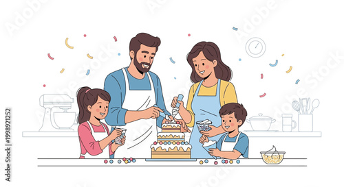 Family Decorating Birthday Cake Together in Kitchen with Confetti