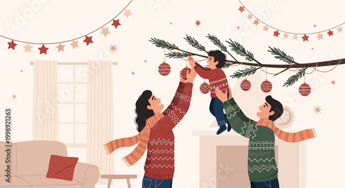 Family Decorating Christmas Tree Together, Festive Holiday Season Celebration