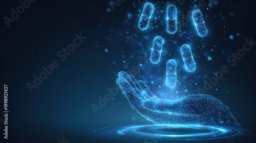 A futuristic digital hand, glowing blue, is catching several luminous capsule pills.