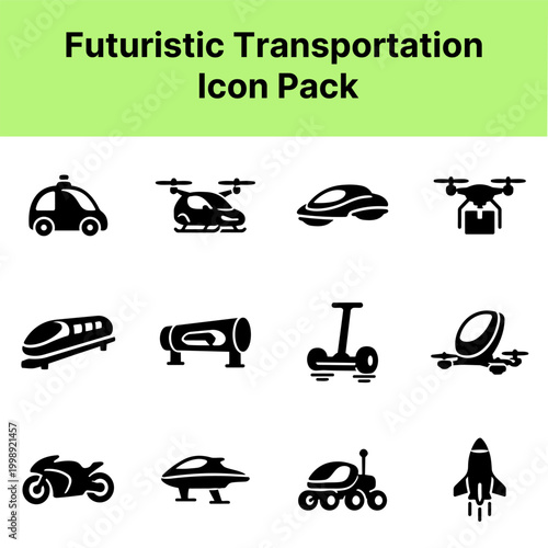 Futuristic Transportation Icon Pack Containing futuristic car drone flying vehicle hoverboard high speed train spaceship and sci fi transport icons Solid icon collection