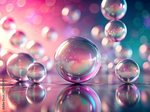 Clear glass spheres floating with colorful bokeh background