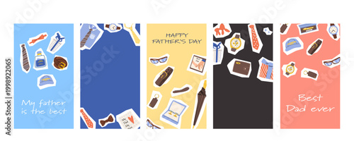 Cards set of Father's Day celebration invitations. Vector illustration of diverse father's items, man gifts.