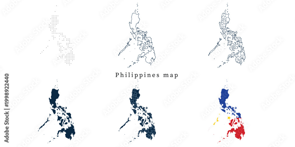 Obraz premium Philippines Map Set - Vector Outline, Silhouette, Flag and Administrative Regions