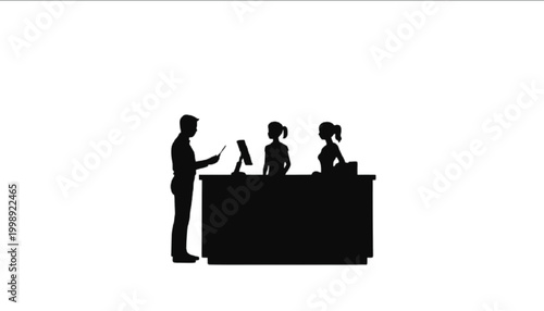Receptionist stands behind a front desk while assisting a customer who is handing over a document in a professional office environment that is rendered as a clean black silhouette on white background.