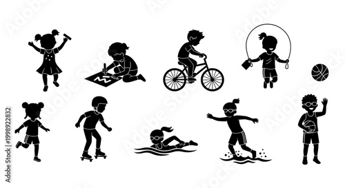 Silhouettes of Active Kids Playing Various Sports and Activities