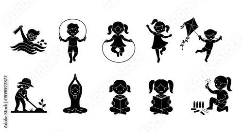 Set of Children Activities Silhouettes Icons