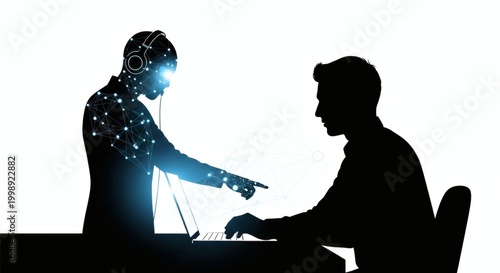 Futuristic ai assistant in silhouette guides human user at laptop symbolizing technology integration digital learning and future of work with glowing circuits and headphones