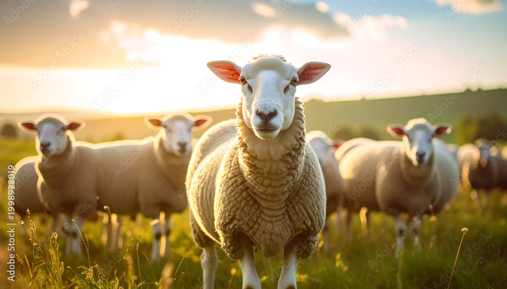 Fototapeta premium Several sheep stand in a field, illuminated by warm sunlight. The animals are focused on the camera. Green grass and the sky are also visible