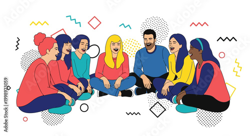 Diverse group of young people sitting in a circle illustration