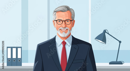 Illustration of a confident mature businessman with grey hair and beard, wearing a suit and red tie, smiling in an office setting with a desk lamp and binders on the shelf.