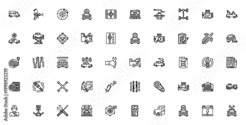 Car Repair icon set. Vector mechanic tools collection. Includes truck, engine, gearbox, tire, battery, wrench, mechanic, garage and more. Editable stroke.