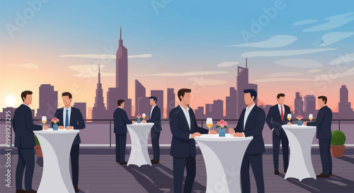 Illustration of professional businessmen networking at a rooftop cocktail party during sunset with a city skyline background, standing around bistro tables with wine glasses.