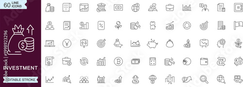 Modern investment and finance line icons set for banking fintech business analytics money management editable stroke vector collection