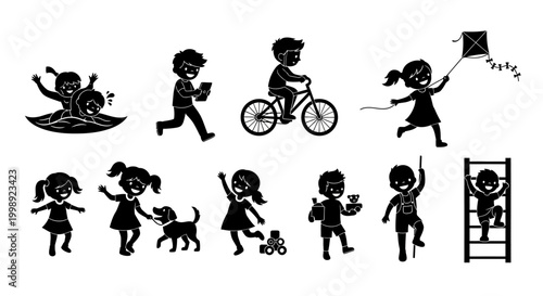 Set of Children Silhouettes Playing and Having Fun