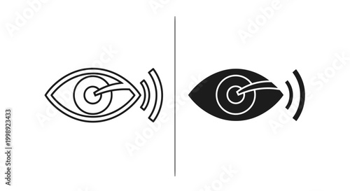 Minimalist eye tracking icons, human eye with signal waves vector, vision monitoring and biometric scanning symbols for interface design