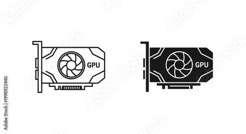 GPU graphics card icons in outline and solid styles, computer hardware video card vector set, gaming pc component illustrations for tech design