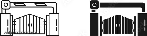 Automatic gate system icons, security barrier arm and entrance gate vector set, industrial access control equipment in black and white line art