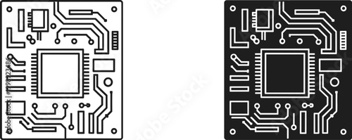 Circuit board vector icons with CPU microchip, electronic motherboard schematic design, black and white digital hardware technology symbols