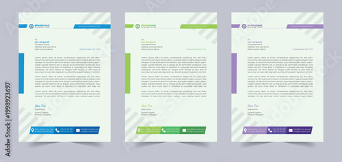 Letterhead Three colorful letterhead templates with Asian script on a light gray background for business or professional use template